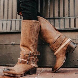 Freebird by Steven “DROVE”, Tan Heeled Boots with Distressed Leather
